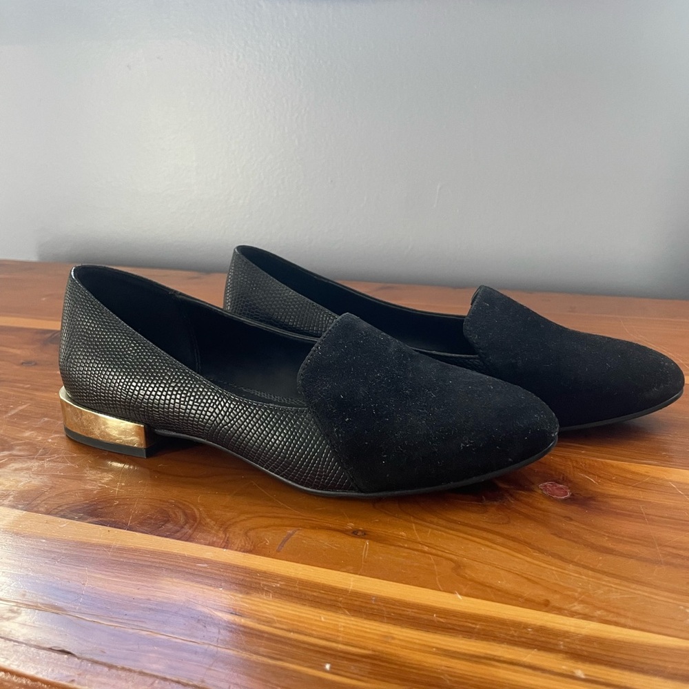 Aldo Suede and leather loafers with gold heel